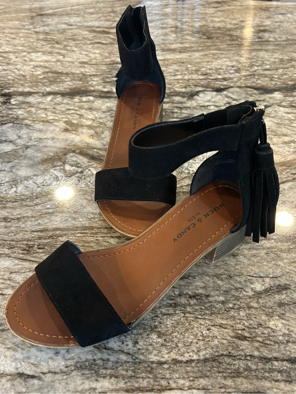 Rock & Candy Black Suede Tassel Ankle-Strap Block Heels